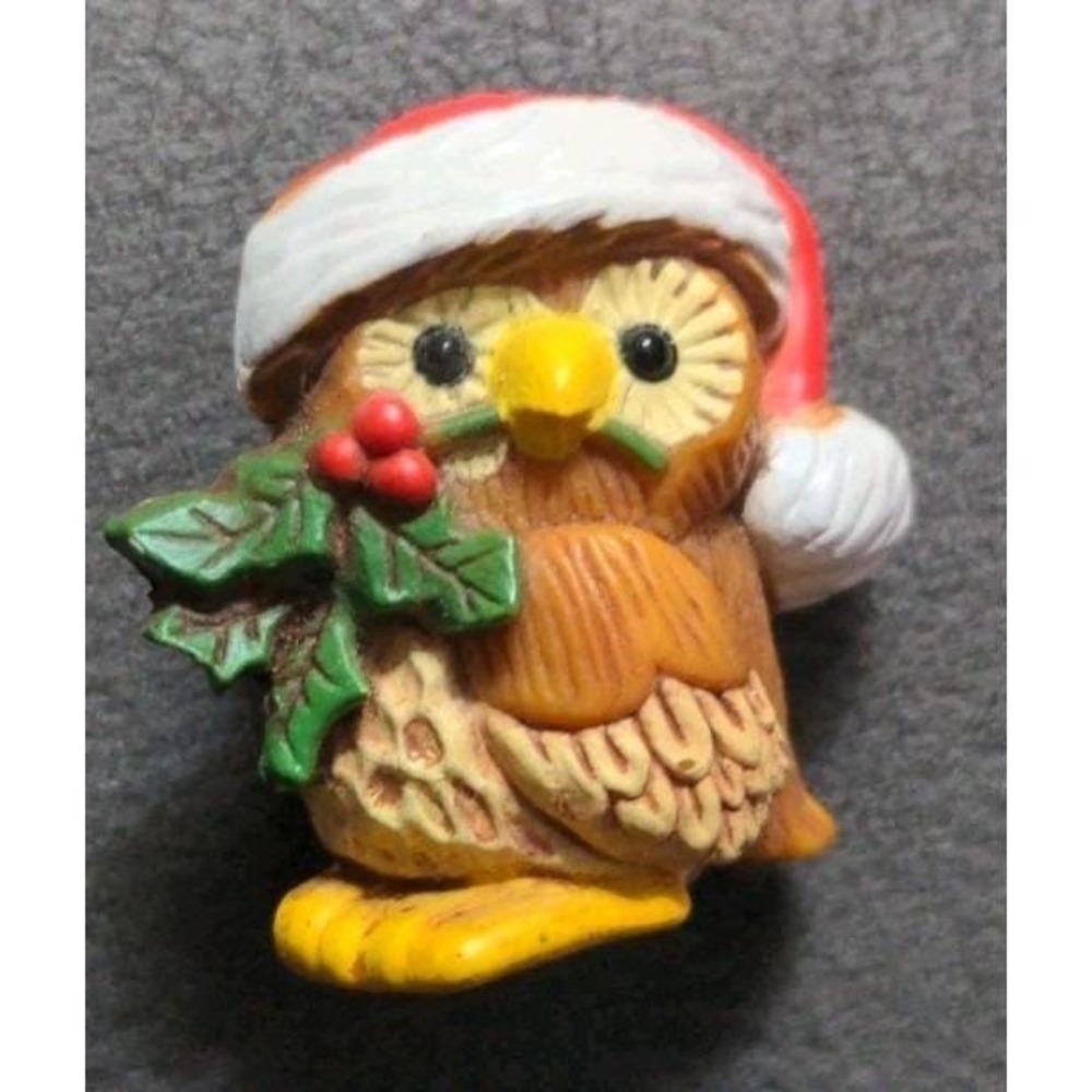 Vintage Owl Brooch Pin Santa Hat Holly Christmas Holiday Bird Jewelry Hallmark